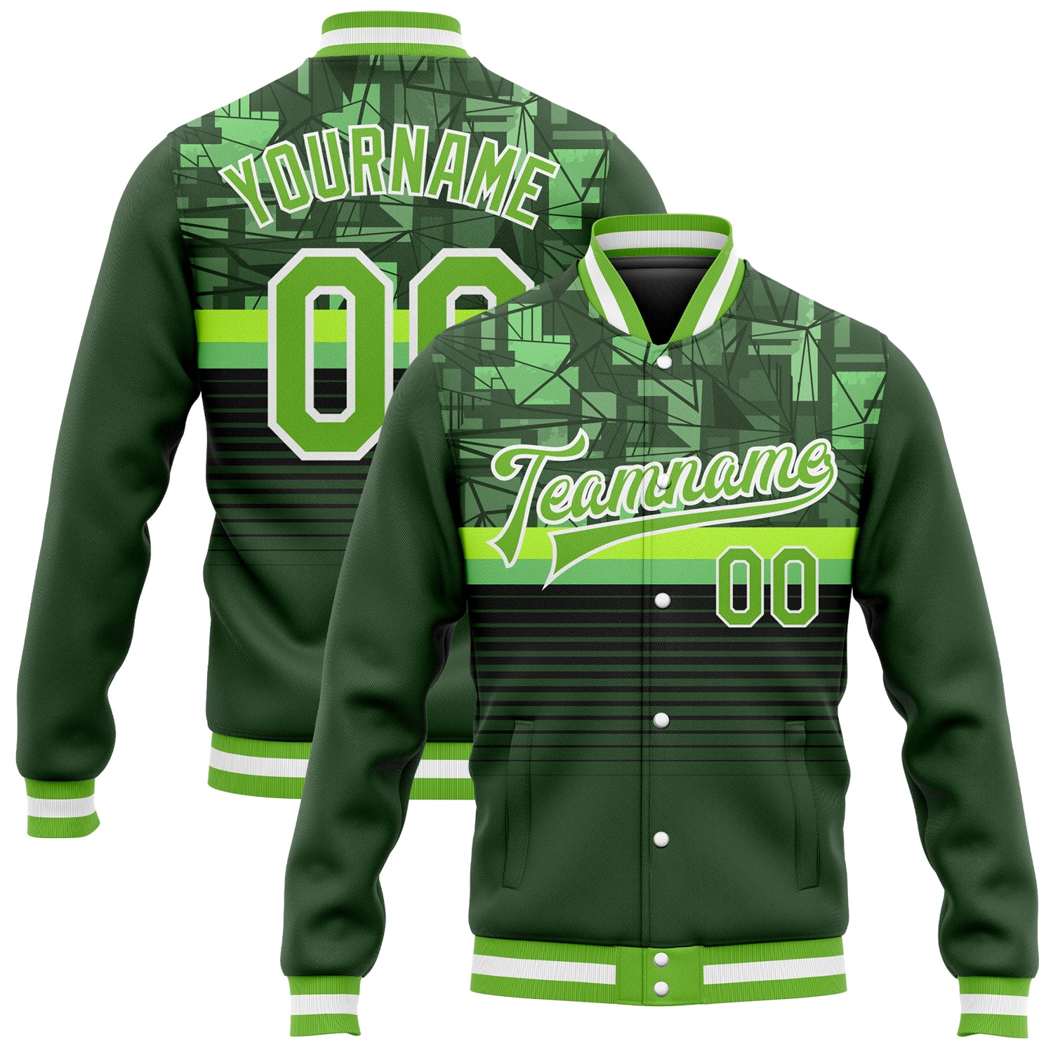 Custom Green Neon Bomber Jacket with 3D Pattern Design - Full-Snap Varsity Letterman Custom Green Neon Green-White 3D Pattern