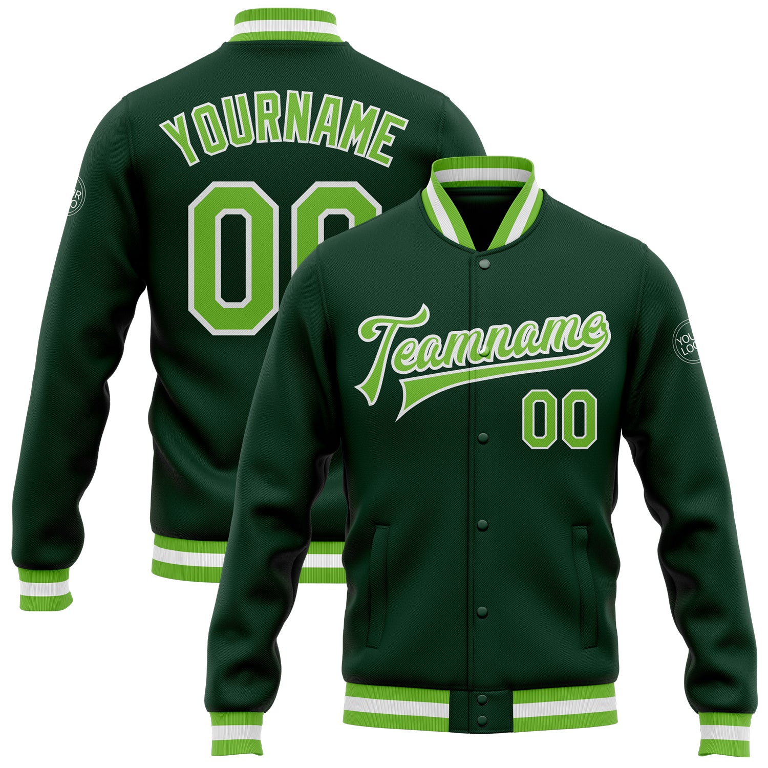 Custom Green Neon Bomber Varsity Letterman Jacket - Full-Snap Style, Lightweight Design Custom Green Neon Green-White Bomber