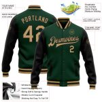 Custom Green Gold Black Two Tone Bomber Varsity Letterman Full-Snap Jacket Custom Green Old Gold-Black Bomber Full-Snap Varsity