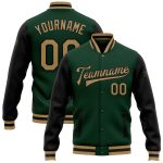 Custom Green Gold Black Two Tone Bomber Varsity Letterman Full-Snap Jacket Custom Green Old Gold-Black Bomber Full-Snap Varsity