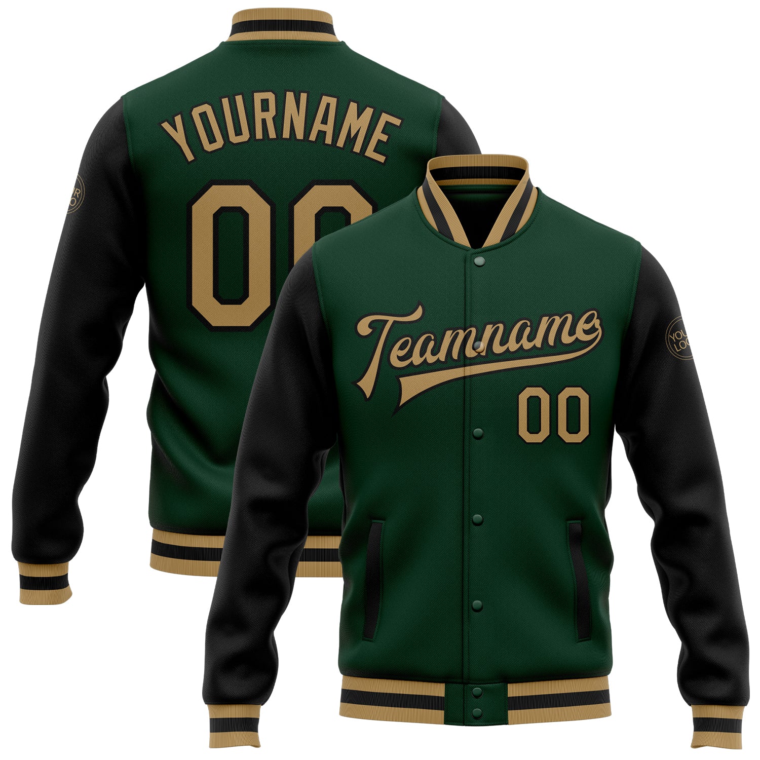 Custom Green Gold Black Two Tone Bomber Varsity Letterman Full-Snap Jacket Custom Green Old Gold-Black Bomber Full-Snap Varsity