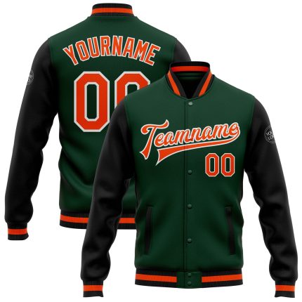 Custom Green and Orange Black Two-Tone Bomber Varsity Letterman Full-Snap Jacket Custom Green Orange-Black Bomber Full-Snap