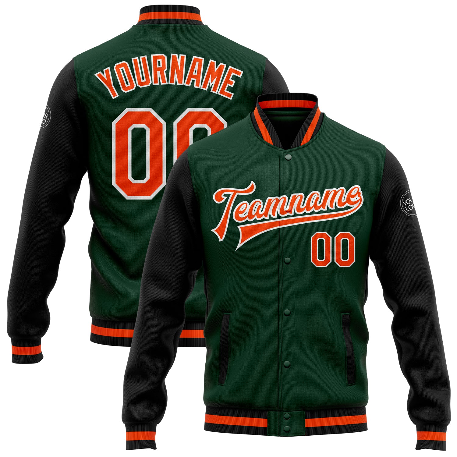 Custom Green and Orange Black Two-Tone Bomber Varsity Letterman Full-Snap Jacket Custom Green Orange-Black Bomber Full-Snap