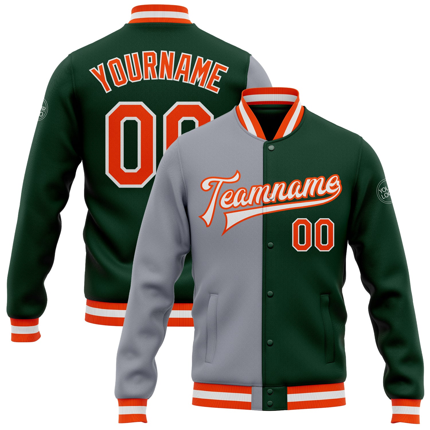 Custom Varsity Letterman Bomber Jacket Green Orange Gray Full-Snap Fashion Wear Custom Green Orange-Gray Bomber Full-Snap