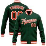 Custom Green Orange Bomber Jacket Full-Snap Varsity Letterman Coat Custom Green Orange-White Bomber Full-Snap Varsity Letterman