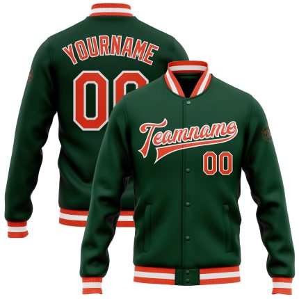 Custom Green Orange Bomber Jacket Full-Snap Varsity Letterman Coat Custom Green Orange-White Bomber Full-Snap Varsity Letterman