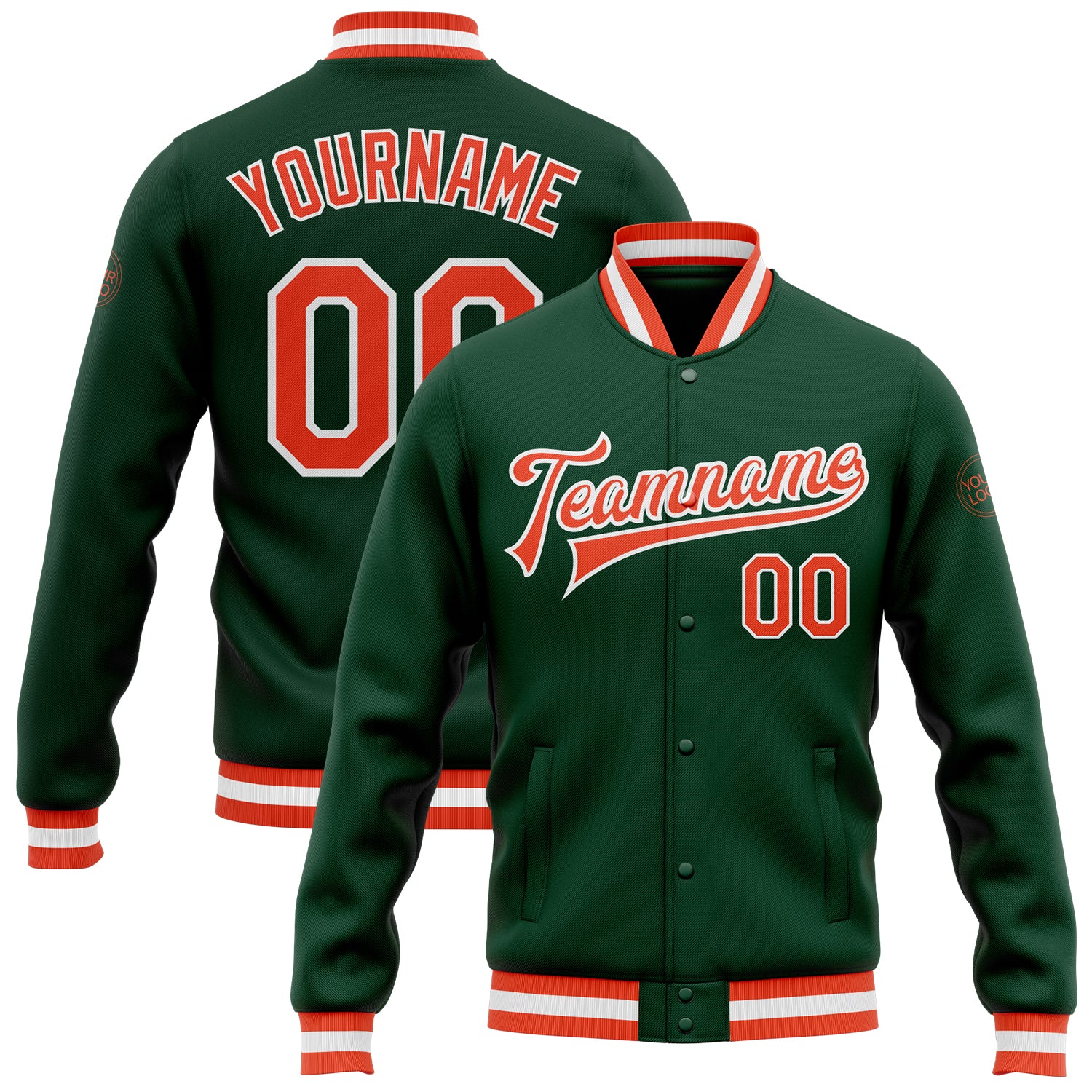 Custom Green Orange-White Bomber Full-Snap Varsity Letterman Jacket Custom Green Orange Bomber Jacket Full-Snap Varsity Letterman Coat Custom Green Orange-White Bomber Full-Snap Varsity Letterman