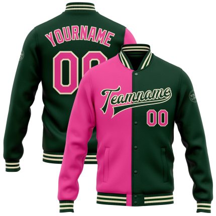 Custom Fashion Jacket Green Pink Cream Varsity Letterman Bomber Full Snap Custom Green Pink-Cream Bomber Full-Snap Varsity