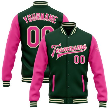 Custom Varsity Letterman Jacket Green Pink Cream Full-Snap Two Tone Bomber Custom Green Pink-Cream Bomber Full-Snap Varsity