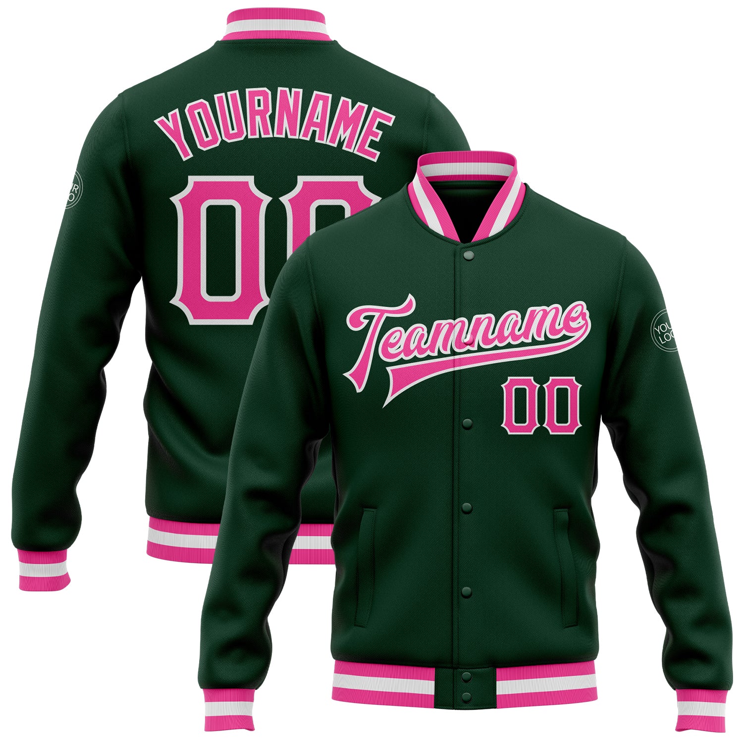 Custom Bomber Jacket Pink Green White Full-Snap Varsity Letterman Style Custom Green Pink-White Bomber Full-Snap Varsity