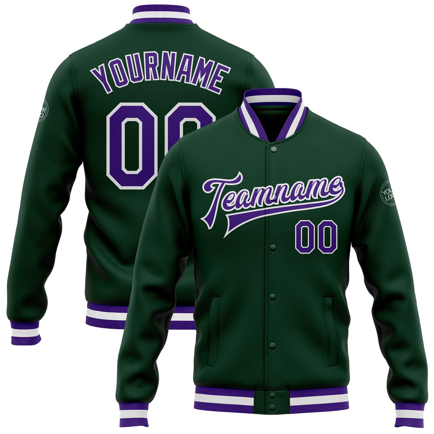 Green Purple White Custom Bomber Varsity Letterman Jacket Full-Snap Design Custom Green Purple-White Bomber Full-Snap Varsity