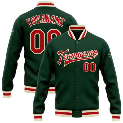 Custom Green Red Cream Varsity Letterman Jacket Full-Snap Bomber Style Custom Green Red-Cream Bomber Full-Snap Varsity Letterman