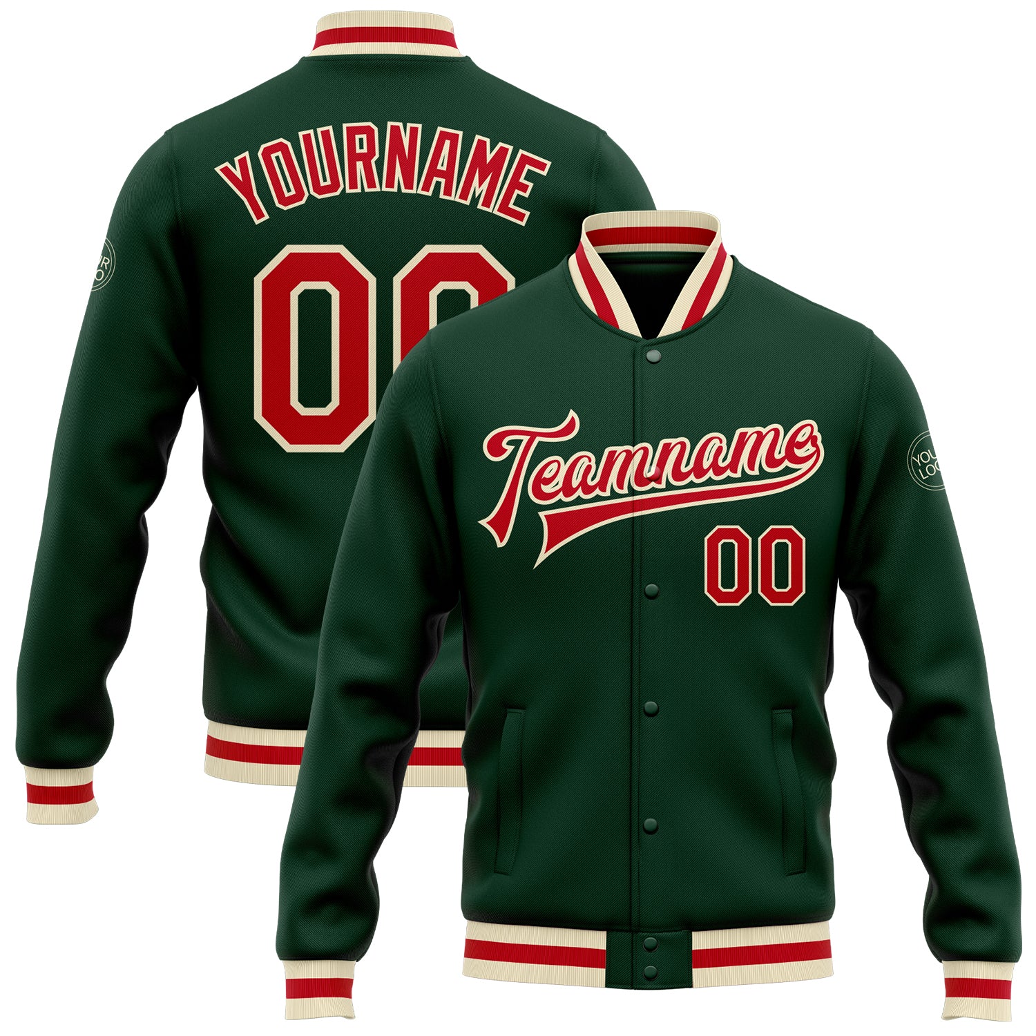 Custom Green Red Cream Varsity Letterman Jacket Full-Snap Bomber Style Custom Green Red-Cream Bomber Full-Snap Varsity Letterman