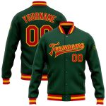 Custom Green Red Gold Bomber Jacket Full Snap Varsity Letterman Jacket Custom Green Red-Gold Bomber Full-Snap Varsity Letterman