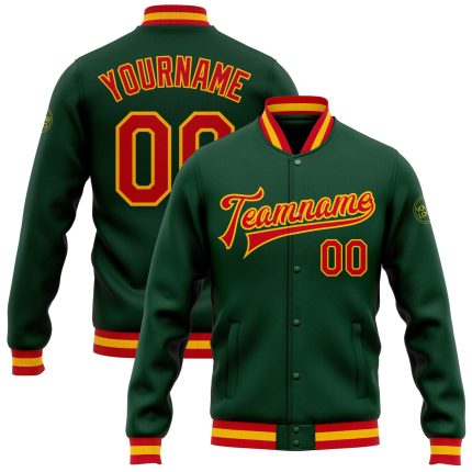 Custom Green Red Gold Bomber Jacket Full Snap Varsity Letterman Jacket Custom Green Red-Gold Bomber Full-Snap Varsity Letterman