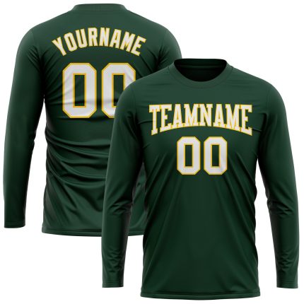 Custom Long Sleeve Performance T-Shirt in Green and White-Gold Custom Green White-Gold Long Sleeve Performance T-Shirt