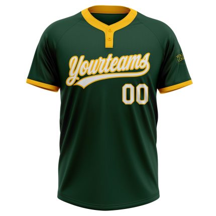 Custom Green White Gold Unisex Softball Jersey Two-Button Design Custom Green White-Gold Two-Button Unisex Softball Jersey