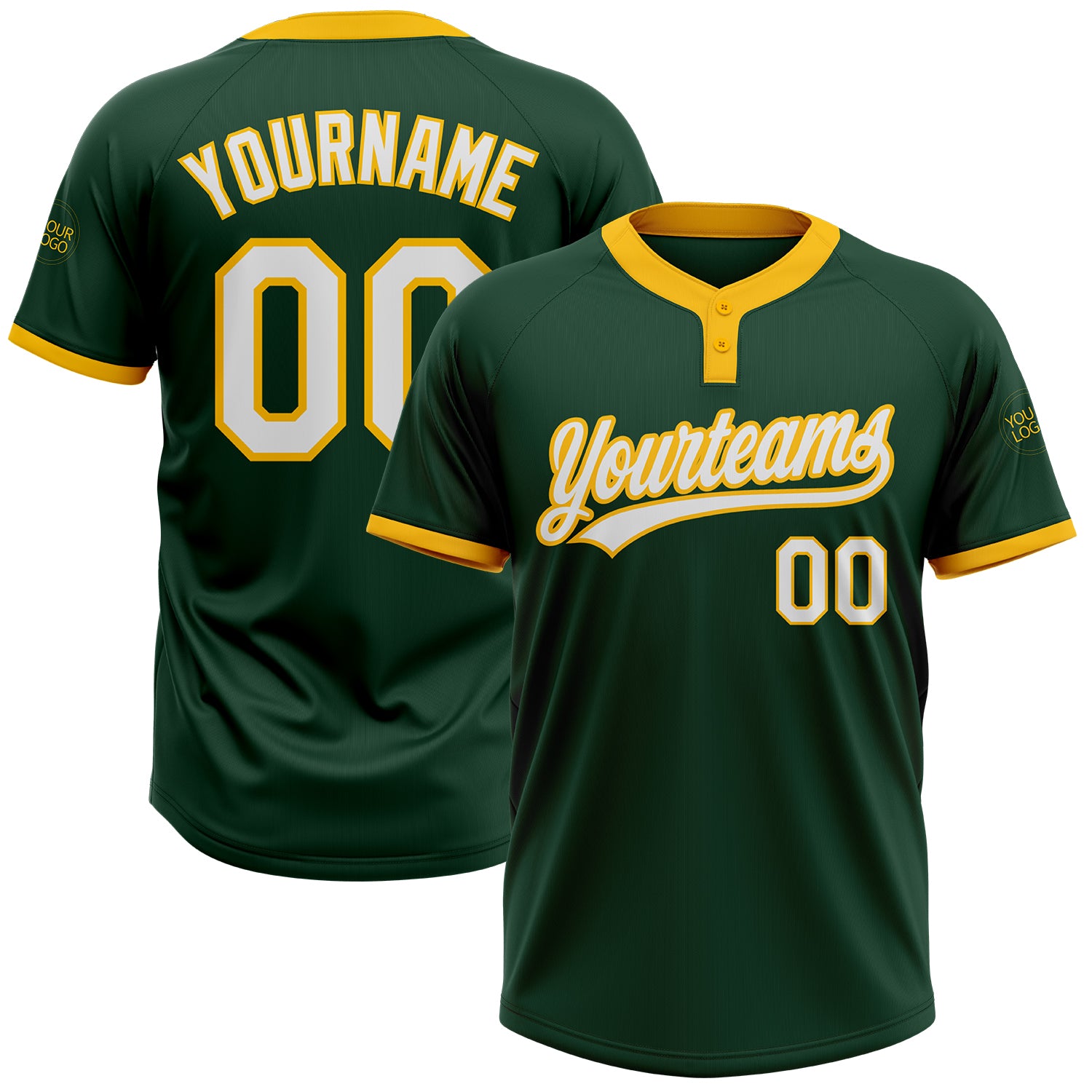 Custom Green White Gold Unisex Softball Jersey Two-Button Design Custom Green White-Gold Two-Button Unisex Softball Jersey