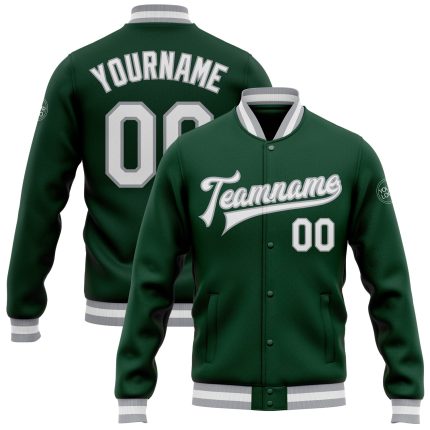 Custom Green White Gray Varsity Letterman Jacket Full-Snap Bomber Style Custom Green White-Gray Bomber Full-Snap Varsity
