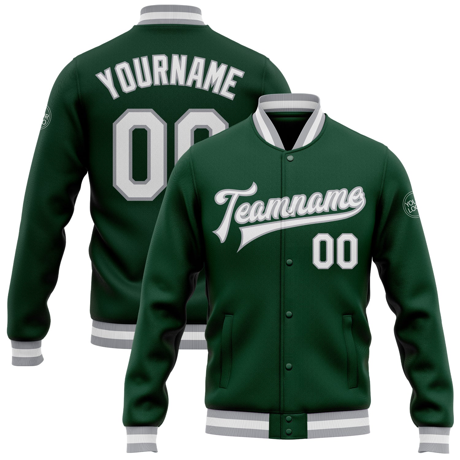 Custom Green White Gray Varsity Letterman Jacket Full-Snap Bomber Style Custom Green White-Gray Bomber Full-Snap Varsity