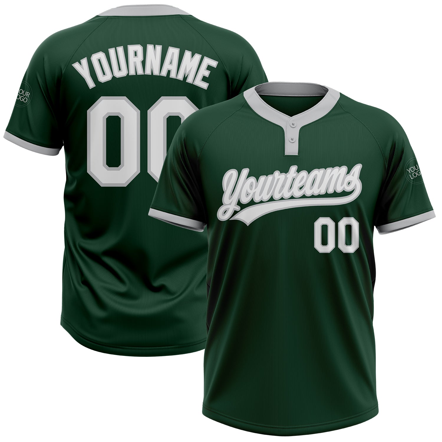 Custom Green White Gray Two-Button Unisex Softball Jersey for Men and Women Custom Green White-Gray Two-Button Unisex Softball