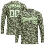 Custom Neon Green 3D Dollar Pattern Long Sleeve Performance T-Shirt Custom Green White-Neon Green Dollar 3D Pattern Long