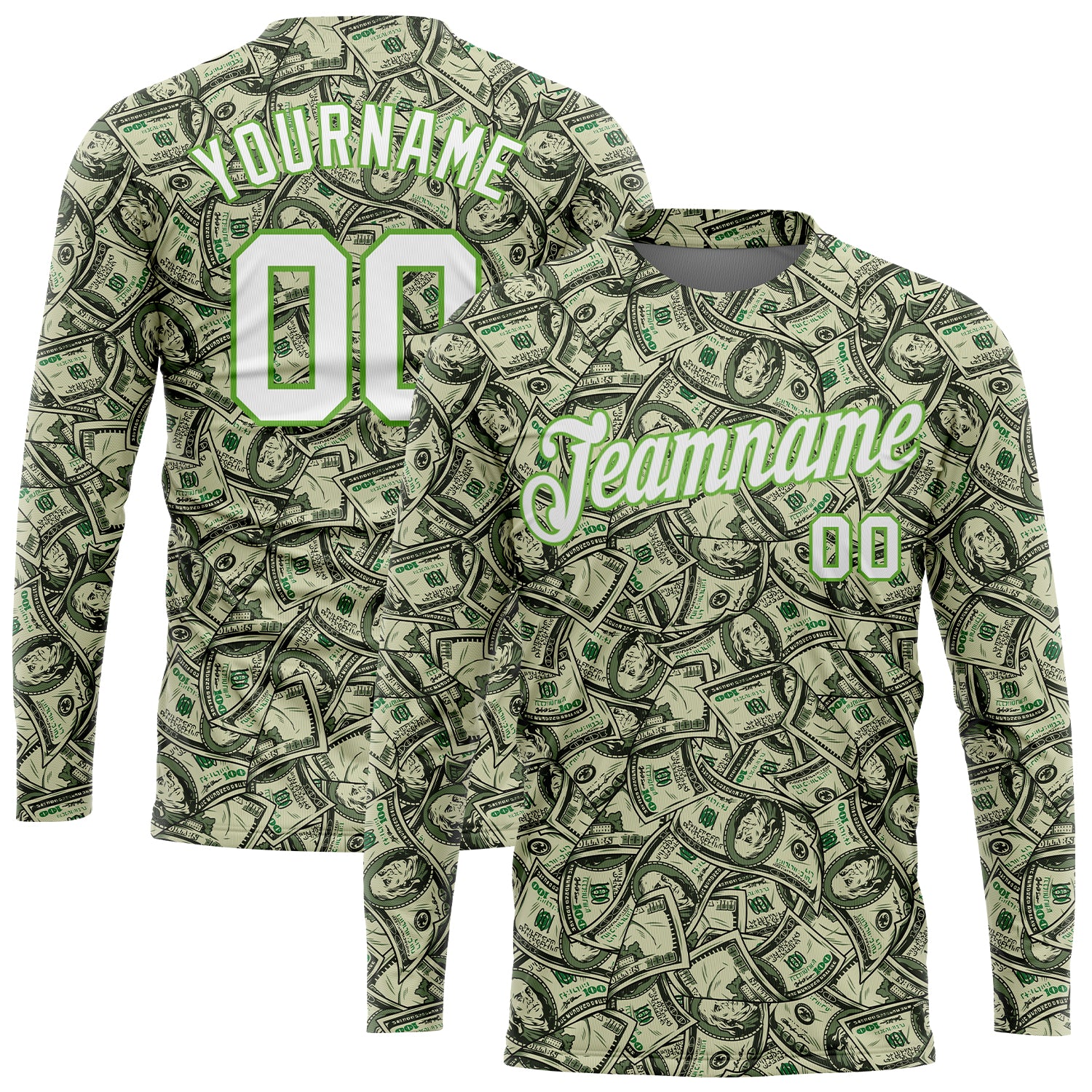 Custom Neon Green 3D Dollar Pattern Long Sleeve Performance T-Shirt Custom Green White-Neon Green Dollar 3D Pattern Long
