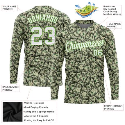 Custom Neon Green 3D Dollar Pattern Long Sleeve Performance T-Shirt Custom Green White-Neon Green Dollar 3D Pattern Long