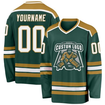 Personalized Green White Old Gold Hockey Jersey for Fans and Players Custom Green White-Old Gold Hockey Jersey