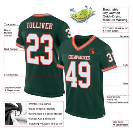 Custom Green White Orange Football Jersey Authentic Throwback Style Custom Green White-Orange Mesh Authentic Throwback Football