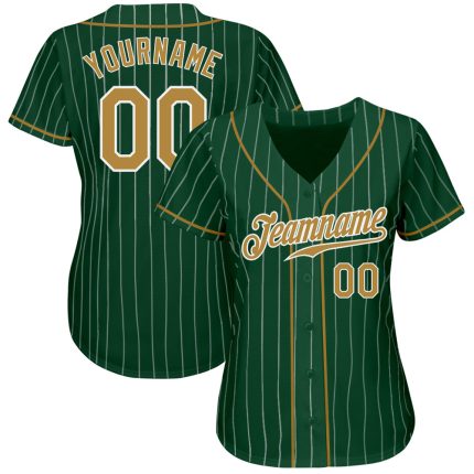 Custom Green White Pinstripe Baseball Jersey - Authentic Old Gold and White Design Custom Green White Pinstripe Old Gold-White