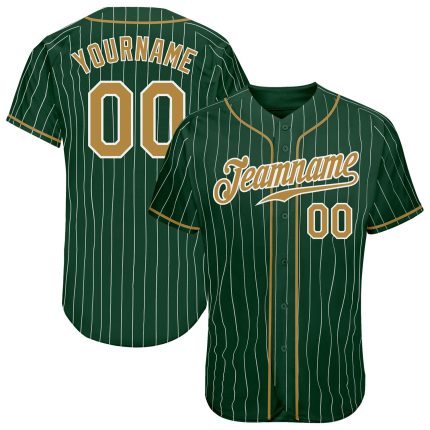 Custom Green White Pinstripe Baseball Jersey - Authentic Old Gold and White Design Custom Green White Pinstripe Old Gold-White