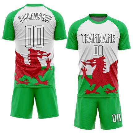 Custom Welsh Flag Soccer Jersey - Green, White, Red, Black Sublimation Uniform Custom Green White Red-Black Sublimation Welsh