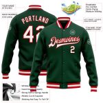 Custom Green White Red Varsity Bomber Jacket Full-Snap Letterman Style Custom Green White-Red Bomber Full-Snap Varsity Letterman