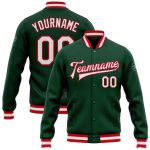 Custom Green White Red Varsity Bomber Jacket Full-Snap Letterman Style Custom Green White-Red Bomber Full-Snap Varsity Letterman