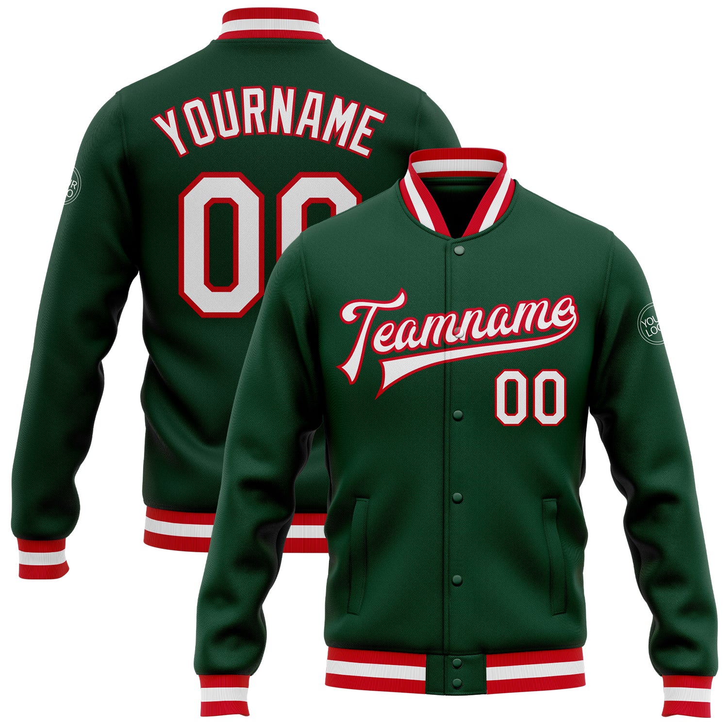 Custom Green White Red Varsity Bomber Jacket Full-Snap Letterman Style Custom Green White-Red Bomber Full-Snap Varsity Letterman