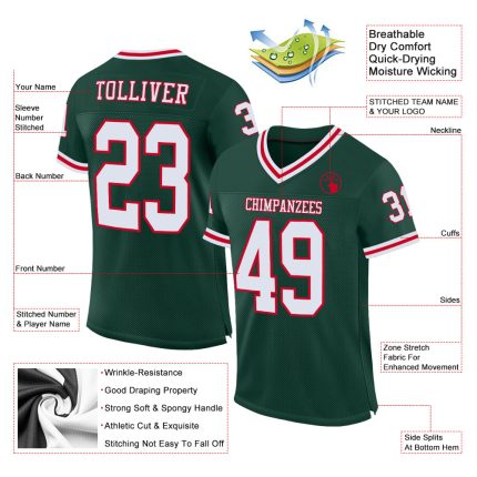 Custom Green Red White Mesh Throwback Football Jersey - Authentic Team Apparel Custom Green White-Red Mesh Authentic Throwback