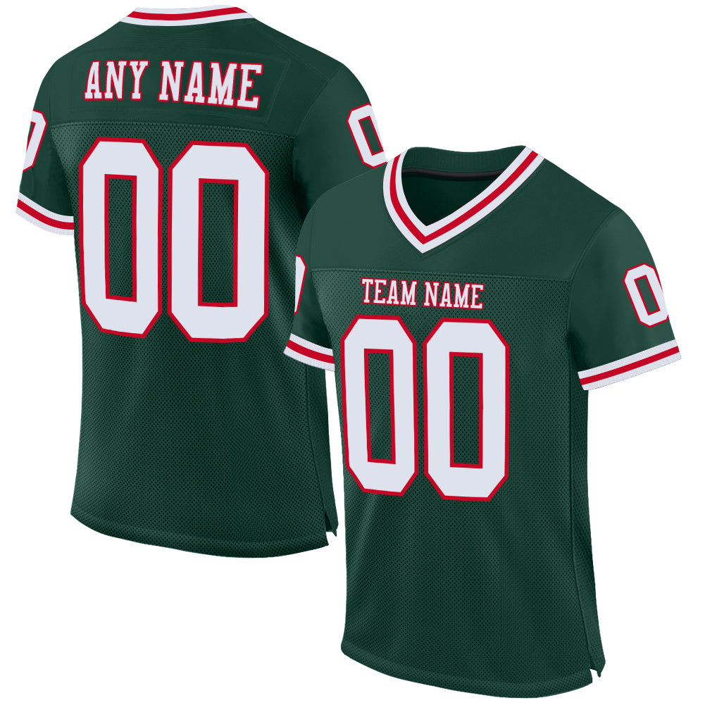 Custom Green Red White Mesh Throwback Football Jersey - Authentic Team Apparel Custom Green White-Red Mesh Authentic Throwback