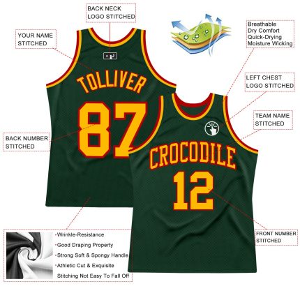 Hunter Green Gold-Red Authentic Throwback Basketball Jersey - Custom Design Custom Hunter Green Gold-Red Authentic Throwback