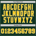 Custom hunter green, gold and white throwback basketball jersey, detail of the printed panel