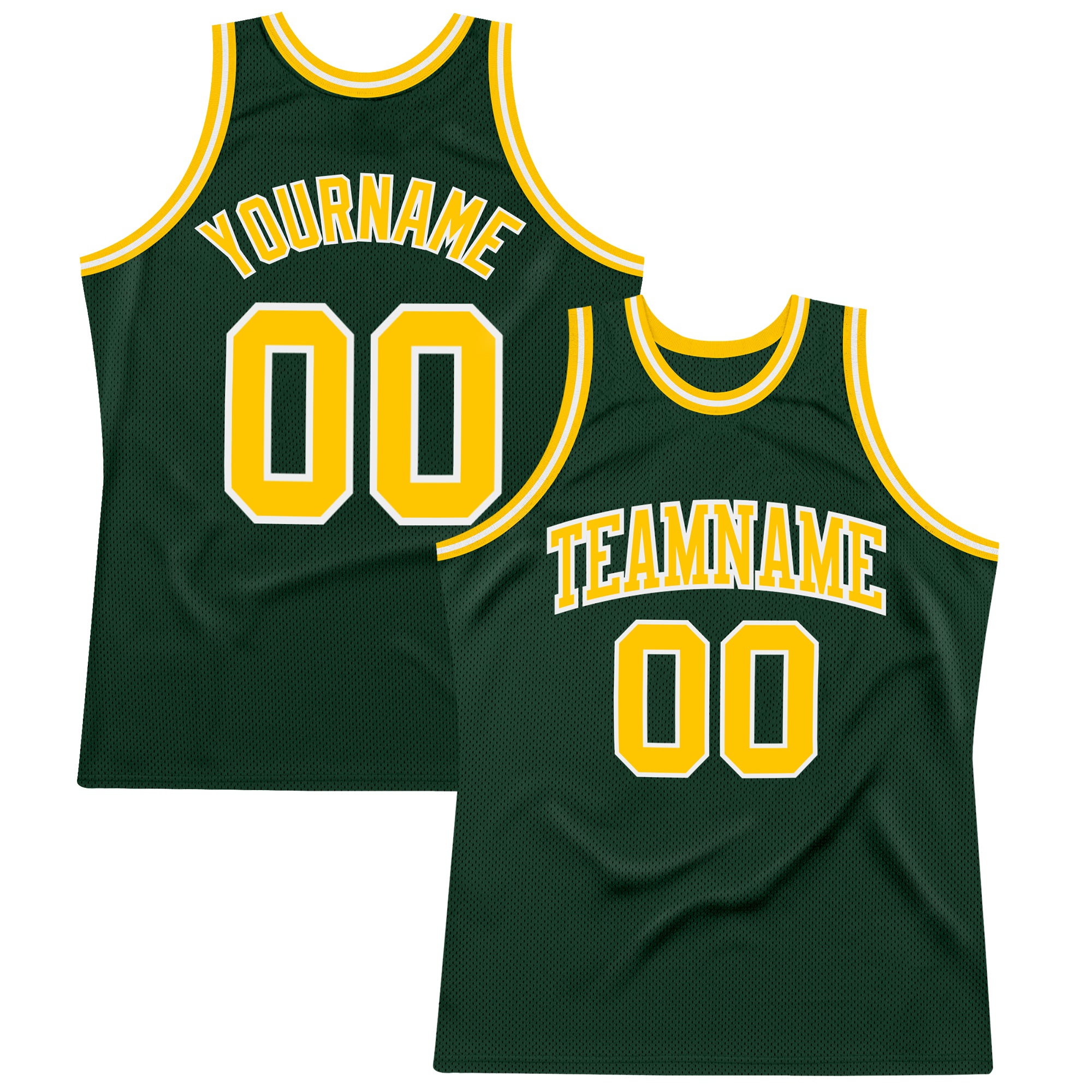 Custom hunter green, gold and white throwback basketball jersey