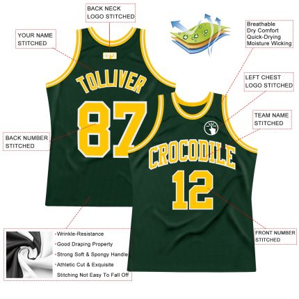 Custom hunter green, gold and white throwback basketball jersey, back view