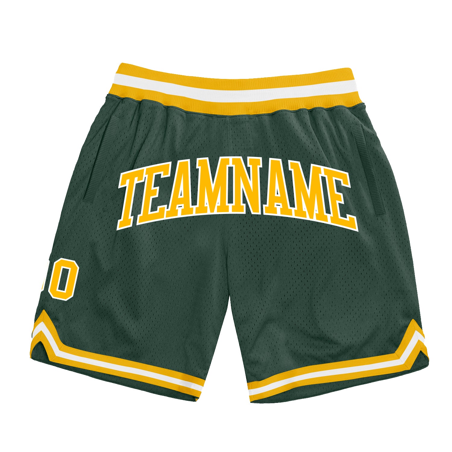 Custom Hunter Green Gold-White Authentic Throwback Basketball Shorts Authentic Custom Hunter Green Basketball Shorts with Gold-White Accents, Throwback Style Custom Hunter Green Gold-White Authentic