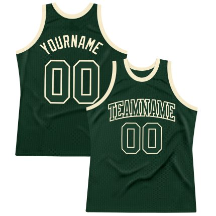 Hunter Green Authentic Basketball Jersey - Custom Green-Cream Retro Throwback Design Custom Hunter Green Green-Cream Authentic