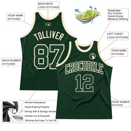 Hunter Green Authentic Basketball Jersey - Custom Green-Cream Retro Throwback Design Custom Hunter Green Green-Cream Authentic