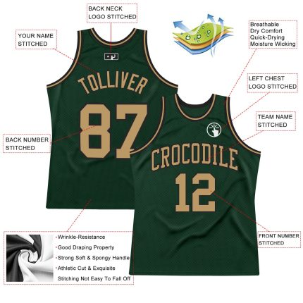 Authentic Throwback Basketball Jersey in Hunter Green and Old Gold-Black Custom Design Custom Hunter Green Old Gold-Black