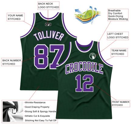 Hunter Green Purple White Custom Basketball Jersey - Authentic Throwback Design Custom Hunter Green Purple-White Authentic