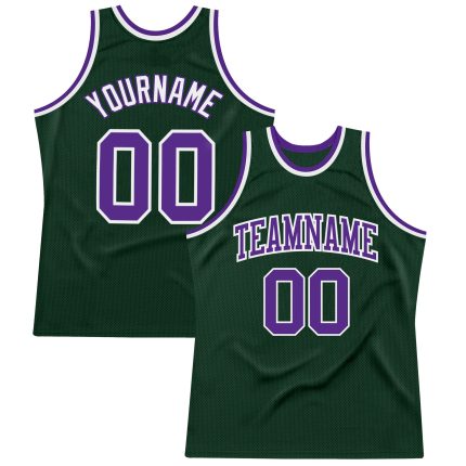 Hunter Green Purple White Custom Basketball Jersey - Authentic Throwback Design Custom Hunter Green Purple-White Authentic