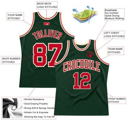 Hunter Green Red-Cream Throwback Basketball Jersey - Custom Authentic Design Custom Hunter Green Red-Cream Authentic Throwback