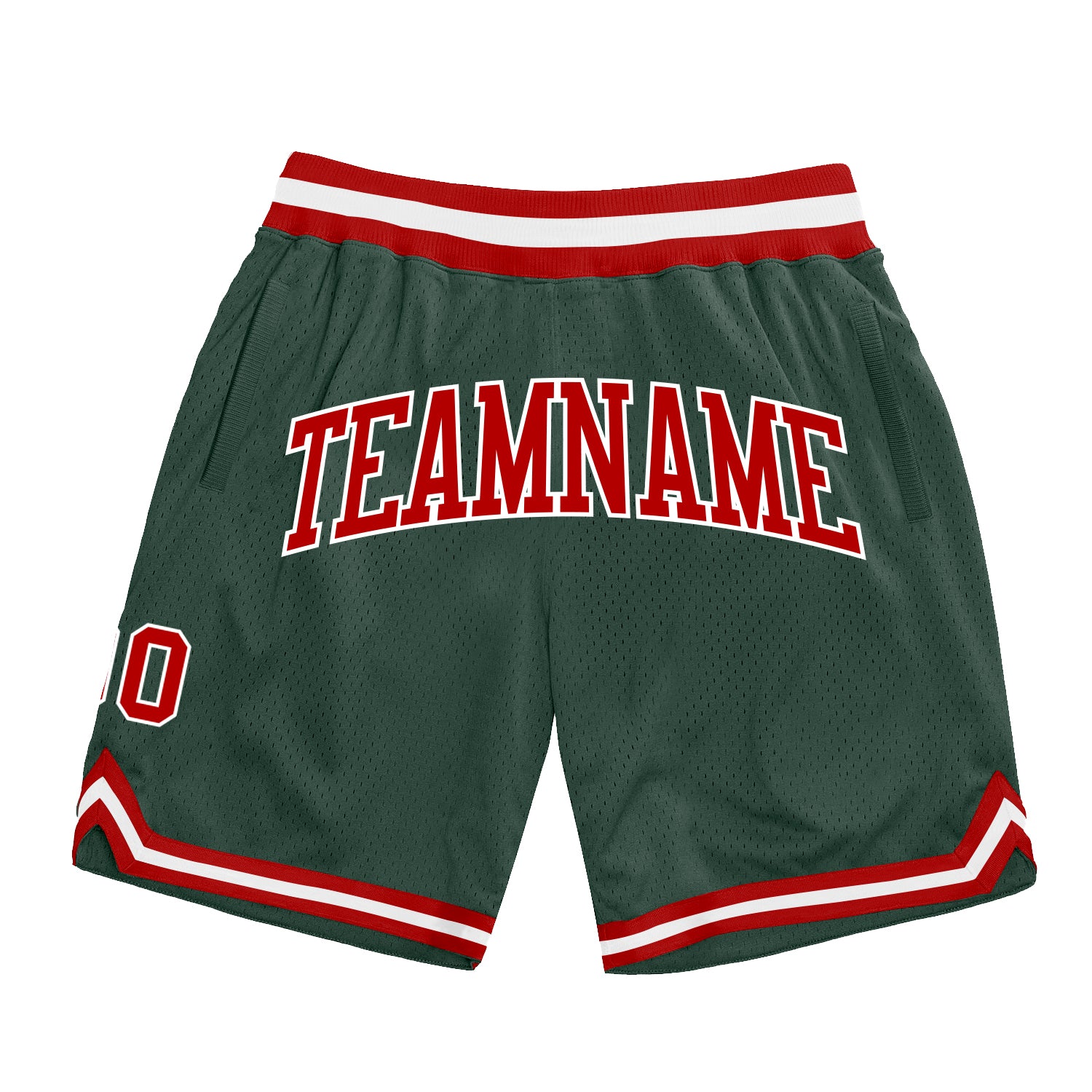 Custom Hunter Green Red and White Basketball Shorts - Authentic Throwback Style Custom Hunter Green Red-White Authentic Throwback